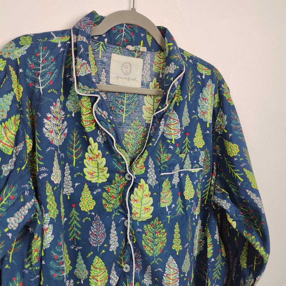 Printfresh Pajama Top Womens Plus Size 1X Blue Twinkling Trees Organic‎ Cotton - Picture 3 of 7